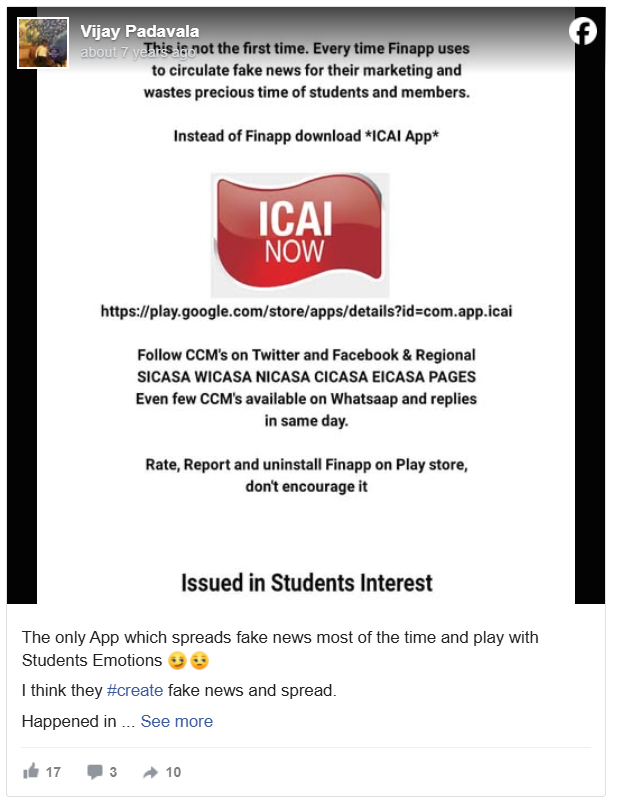 Public warning against FINAPP and recommendation to use official ICAI App