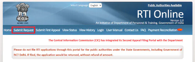 Click ‘Submit Request’ on RTI Online Portal homepage