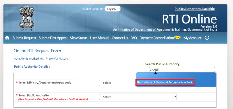 Search and select ICAI as Public Authority in RTI Form