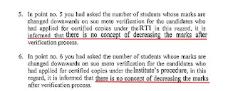 RTI reply stating there is no concept of decreasing marks after verification